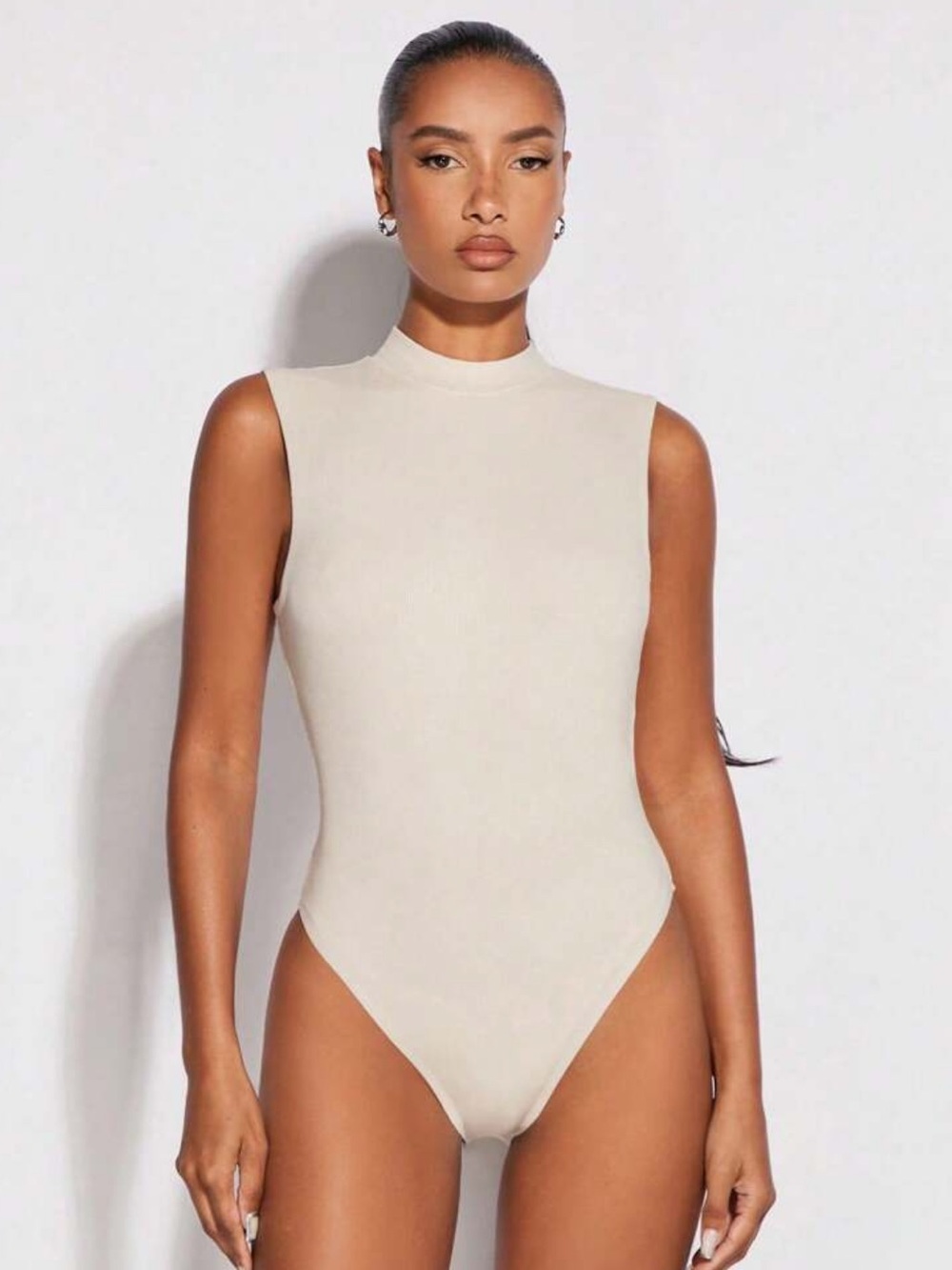 Sleeveless Mock Neck Bodysuit - Beige